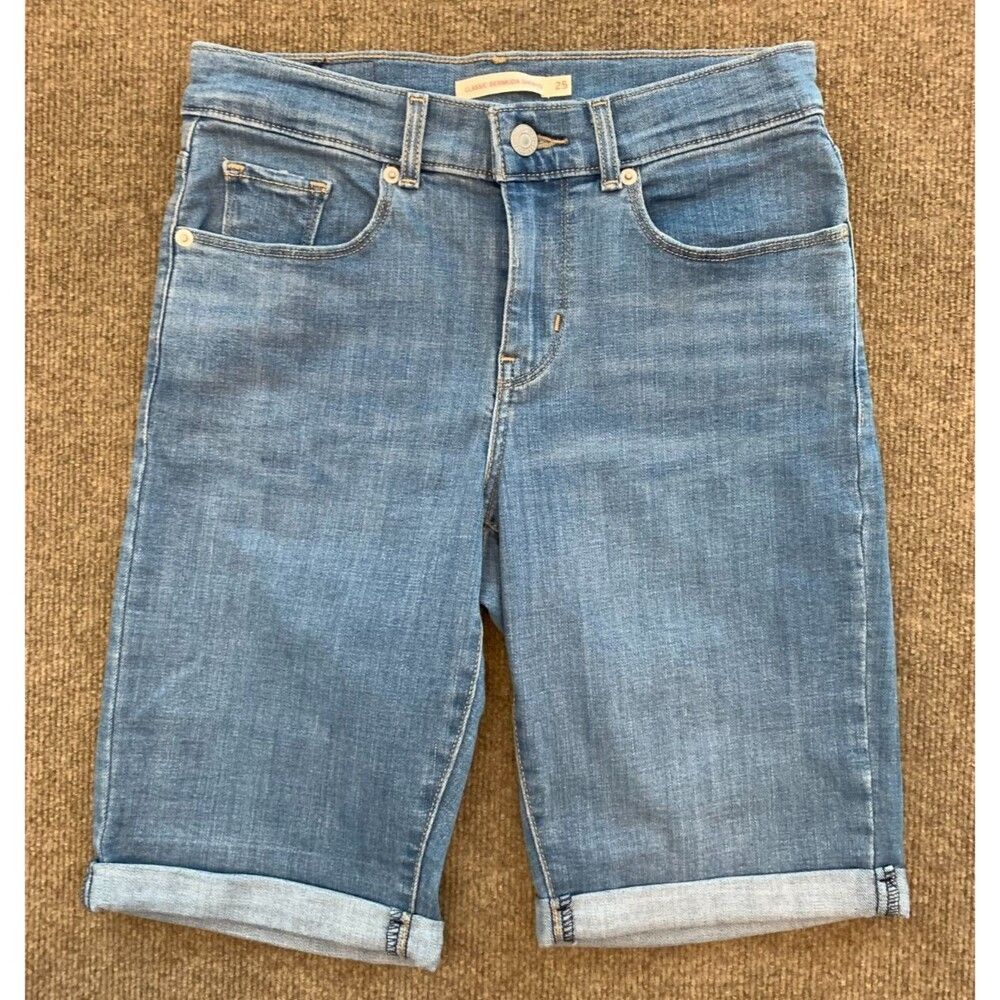 Levis Denim Shorts Womens 25 Bermuda Rolled Hem Whiskered Stretch Jeans Jorts